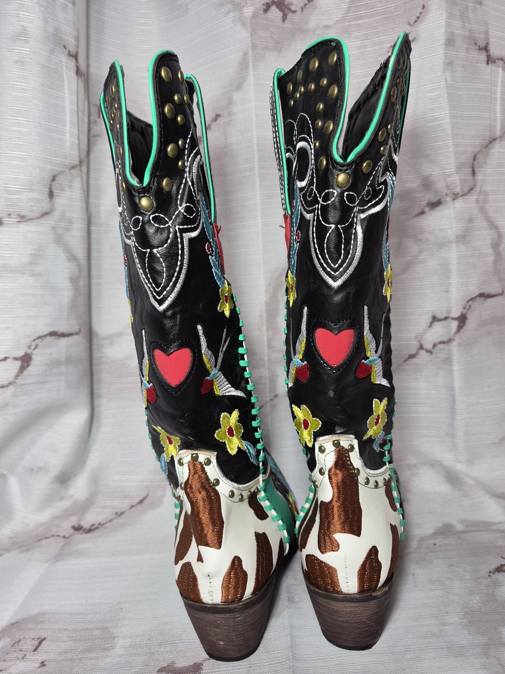 Turquoise & Black Embroidered Western Cowgirl Boots By Scaoruki - Picture 4 of 10